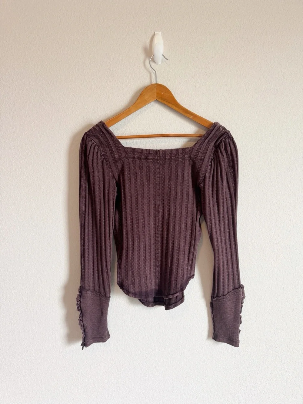 Free People Brown Could I Love You More Lace Cuff Detail Puff Sleeve Top Size XS